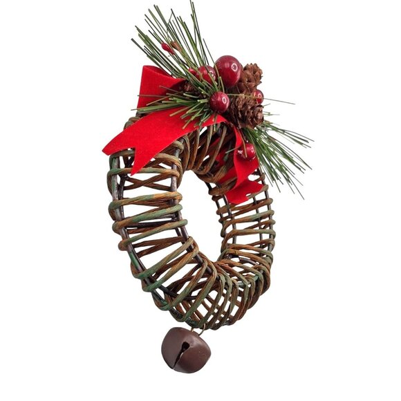 Vintage Large Rustic Woven Wreath Christmas Ornament Pine Cones & Bells 6" - Picture 2 of 6